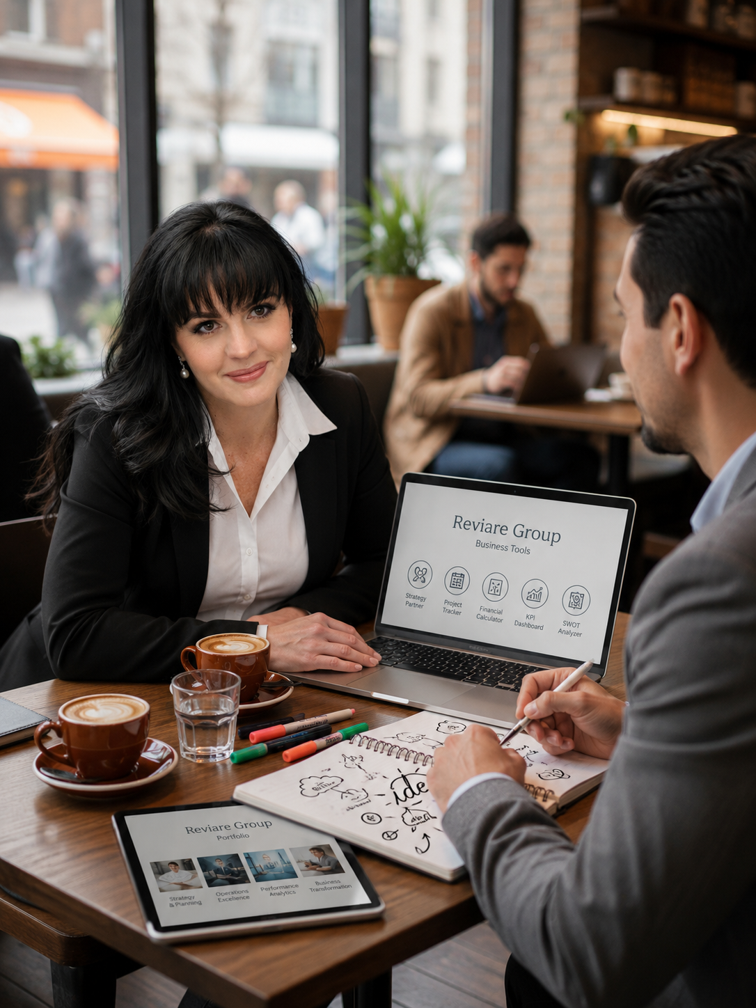 Reviare Group consultant reviewing business tools and portfolio with a client over coffee, laptop showing Strategy Partner, Project Tracker, and KPI Dashboard tools